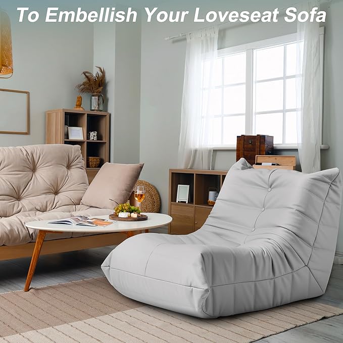 Hobestluk Giant Bean Bag Chair Lazy Floor Sofa, Fireside Sofa for Adults, Big Beanbag Faux Leather Armless Chair for Living Room Bedroom Dorm Office (Light Grey, Single)