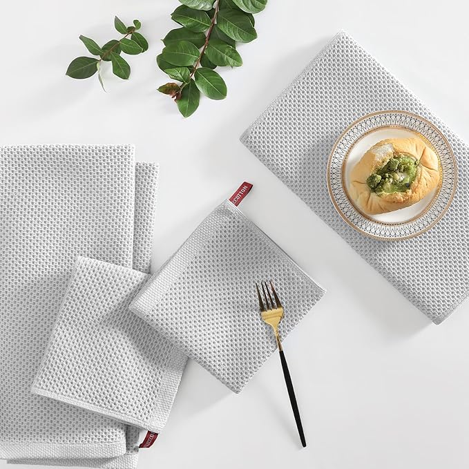 Homaxy 100% Cotton Kitchen Towels and Dishcloths Set, 12 x 12 Inches and 13 x 28 Inches, Set of 8 Bulk Kitchen Towels Set, Ultra Soft Absorbent Dish Cloths for Washing Dishes, Light Gray