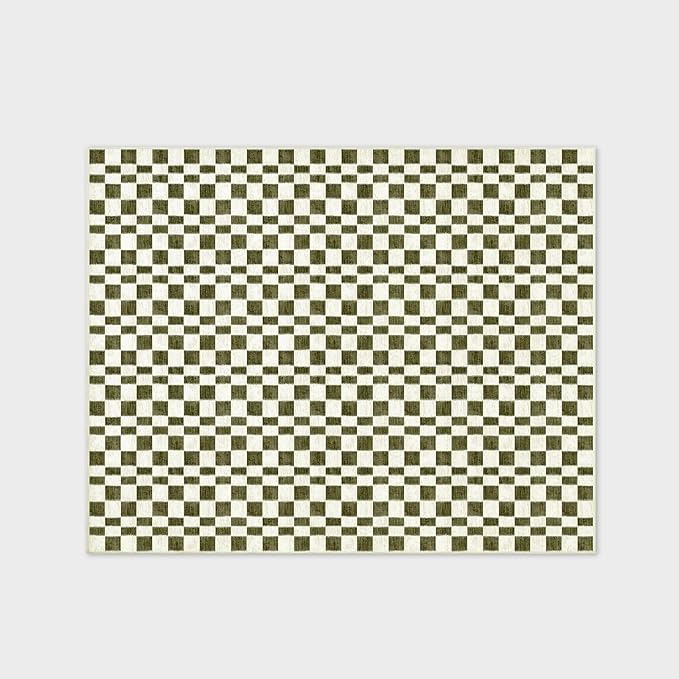 EVERGRACE Checkered Plaid Area Rug 8x10, Soft Fuzzy Faux Wool Rugs Washable Christmas Rugs Large Rug Carpet for Entryway Bedroom Living Room Hallway Kitchen Dining Room and Laundry Room, Olive Green