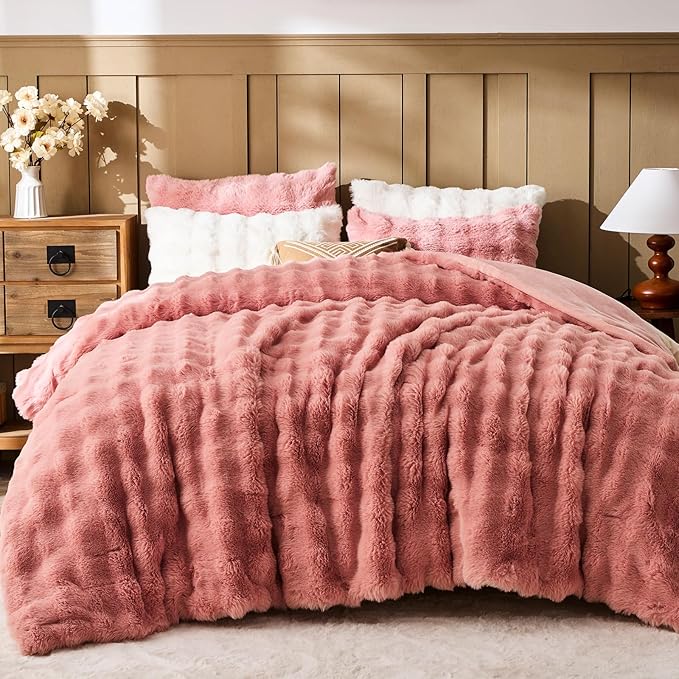 Lotus Karen Faux Fur Queen Comforter Set – Pink Fluffy Comforter Queen Size, Big Bubble Faux Rabbit Fur Bedding Comforter Sets, Winter Warm Cozy Fuzzy Bed Set 3 Pieces, 1 Comforter and 2 Pillowcases