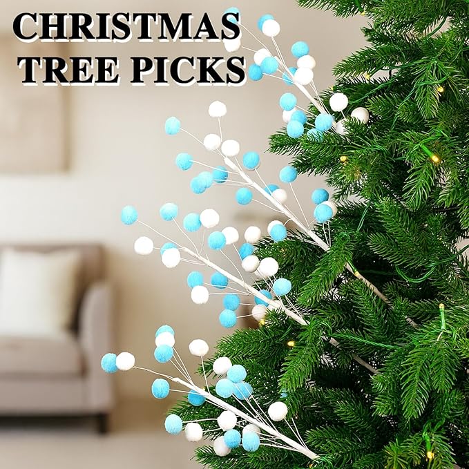 6 Pcs Blue White Pom Poms Christmas Decorations & Felt Christmas Picks and Sprays DIY Xmas Tree Toppers, Festive Tree Filler & Decor (BlueWhite)