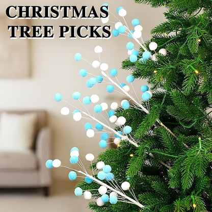 6 Pcs Blue White Pom Poms Christmas Decorations & Felt Christmas Picks and Sprays DIY Xmas Tree Toppers, Festive Tree Filler & Decor (BlueWhite)
