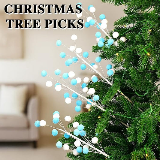 6 Pcs Blue White Pom Poms Christmas Decorations & Felt Christmas Picks and Sprays DIY Xmas Tree Toppers, Festive Tree Filler & Decor (BlueWhite)