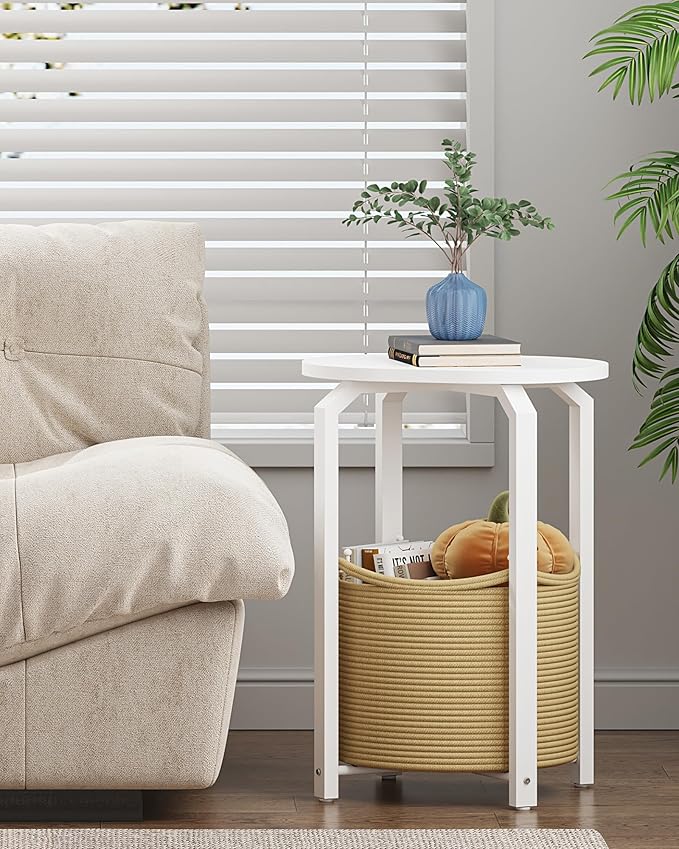 TUTOTAK Small Side Table, Oval End Table, Night Stand, Bedside Table, Set of 2, Sofa Table with Storage Basket, Living Room, Bed Room, White and Beige TB01BWN0932
