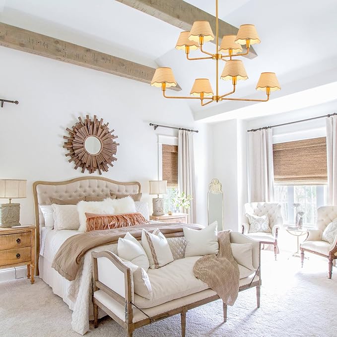 2-Layers Boho Rattan Chandelier 8-Lights Rustic Industrial Pendant Light Large Adjustable Pendant Lighting Fixtures for Kitchen Island Dining Living Room, Dia 41”, UL Listed