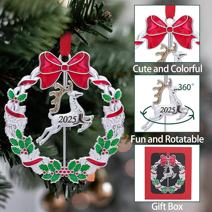 Christmas Ornaments, Metal Christmas Tree Ornaments Dated 2025 Silver Rotatable Funny Christmas Ornaments Decorative Keepsake Reindeer Decoration