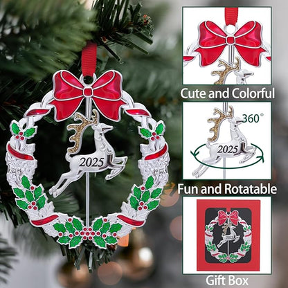 Christmas Ornaments, Metal Christmas Tree Ornaments Dated 2025 Silver Rotatable Funny Christmas Ornaments Decorative Keepsake Reindeer Decoration