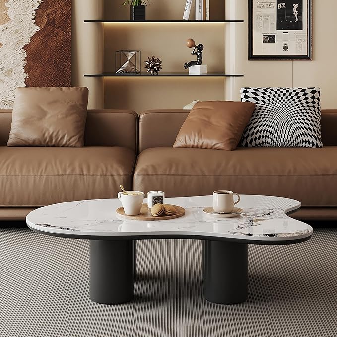 Modern Coffee Table for Living Room, 48.42" Cloud Coffee Table with White Sintered Stone Top, Large Living Room Table Unique Tea Table for Home Office