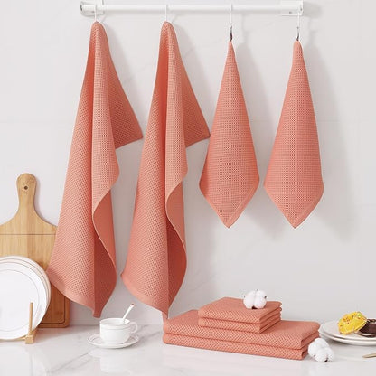 Homaxy 100% Cotton Kitchen Towels and Dishcloths Set, 12 x 12 Inches and 13 x 28 Inches, Set of 12 Bulk Kitchen Towels Set, Ultra Soft Absorbent Dish Cloths for Washing Dishes, Coral