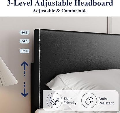 Allewie King Size Bed Frame with Adjustable Headboard, Faux Leather Platform Bed with Wood Slats, Heavy Duty Mattress Foundation, No Box Spring Needed, Noise-Free, Easy Assembly, Black