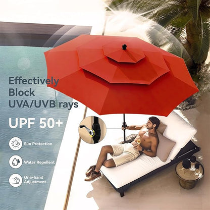 PHI VILLA 10ft Patio Umbrella Outdoor 3 Tier Vented Market Table Umbrella with 1.5" Umbrella Pole and 8 Sturdy Ribs, (Orange Red)（No Base）