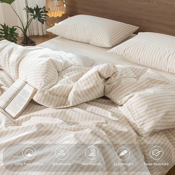 MooMee Striped Duvet Cover Set 100% Washed Cotton Linen Like Textured Breathable Durable Soft Comfy (Almond Milk Grey Classic Stripes, Super Queen 90"x98")
