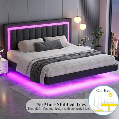 HOMBCK Floating Bed Frame King with Smart LED Lights, Faux Leather Upholstered Platform Bed with Diamond PU Headboard, No Box Spring Needed, Noise-Free, Easy Assembly, Black