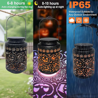 Pumpkin Solar Lanterns, Jack O Lantern Outdoor Waterproof Light Up Pumpkins with Fantasy Glow, Metal Hanging Solar Halloween Decorations for Yard, Patio, Porch, Party Gift, Kids