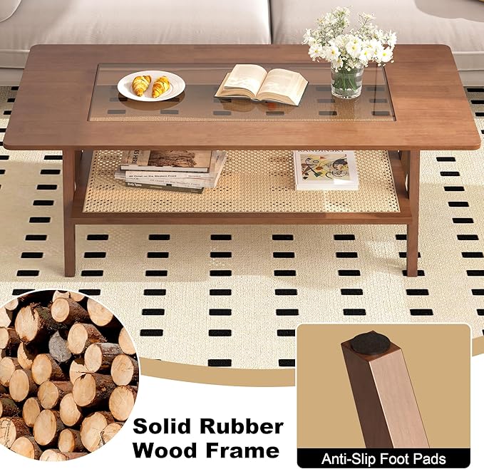 Mid Century Modern Coffee Table with Glass Top and Rattan Storage Shelf, Rectangular Walnut Wooden Coffee Table, Unique Center Tables for Living Room Apartment Home, 47.2 Inch