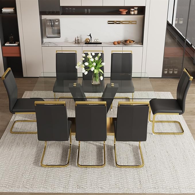71" Glass Dining Table Set for 8, Dining Table Set for 8, Modern Kitchen Table and 8 Chairs,Tempered Glass Tabletop and MDF Base,Dining Room Table Set for 8