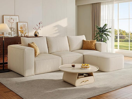 YITAHOME 107 Inch Cloud Modular Sofa with L-Shape Chaise, Deep Seat & 3 Pillows, Corduroy Couch for Living Room Bedroom, No Assembly Needed, Milky White