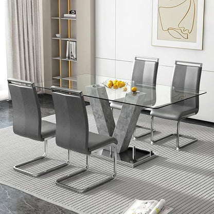 71" Glass Dining Table Set for 4, 5-Piece Table Set, Kitchen Table and 4 PU Leather Chairs, Dining Table Set Ideal for Living Room