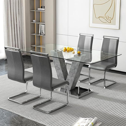 71" Glass Dining Table Set for 4, 5-Piece Table Set, Kitchen Table and 4 PU Leather Chairs, Dining Table Set Ideal for Living Room