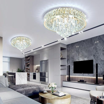 Modern Crystal Chandeliers for Dining Room LED Light Fixture Close to Ceiling Chandelier Flush Mount Ceiling Light Dimmable Lamp with Remote for Living Room Bedroom Hallway