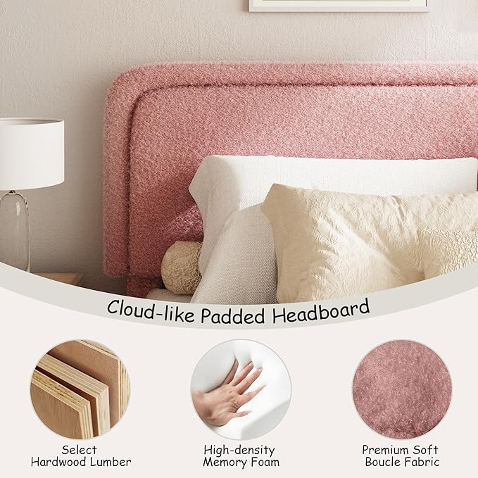 Queen Size Boucle Bed Frame, Cloud Upholstered Platform Bed with Height Adjustable Headboard & Soft Rounded Corners, No Box Spring Needed, Noise Free, Easy Assembly, Pink