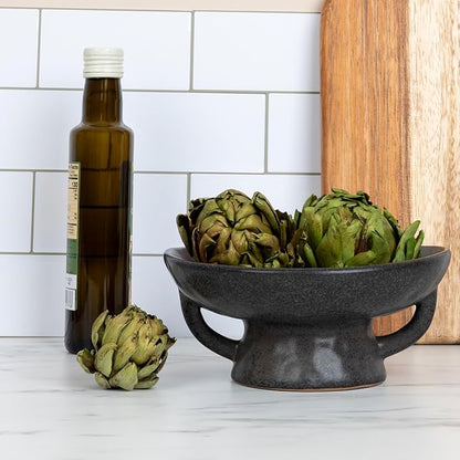 Creative Co-Op Stoneware Bowl with Handle and Base Decorative Object, Black Reactive Glaze