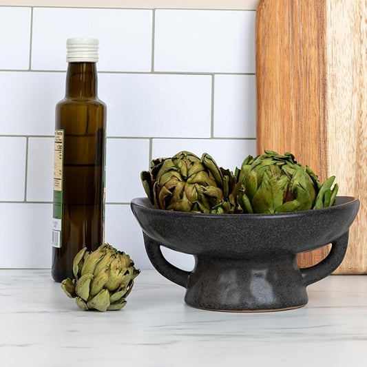 Creative Co-Op Stoneware Bowl with Handle and Base Decorative Object, Black Reactive Glaze