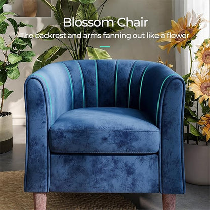 LINSY Accent Chair with Ottoman, Modern Barrel Chair Small Armchair Reading Chair with Footrest, Comfy Round Arms Chair for Living Room Bedroom Reading Room, Velvet, Blue