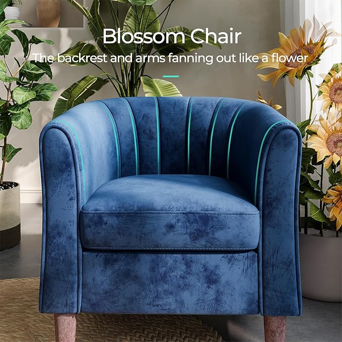 LINSY Accent Chair with Ottoman, Modern Armchair Comfy Barrel Reading Chair with Footrest for Living Room Bedroom Reading Room, Velvet, Blue