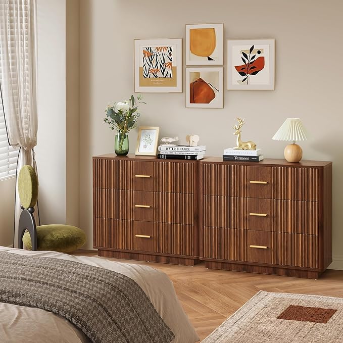 Fluted Dresser for Bedroom with 3 Drawers,31.5"Wide Modern Chest of Drawers with Metal Handle,Large Storage Dresser, Wood Closet Clothes Storage Organizer for Nursery Living Room Hallway,Walnut 2 Sets