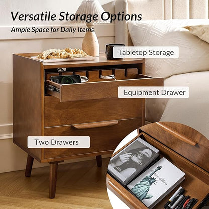 HULALA HOME Nightstand with Charging Station, Mid-Century Modern 2 Drawer and Open Shelf Bedside Tables, Wood Night Stand with USB Ports and Outlets for Bedroom Set of 2, Acorn