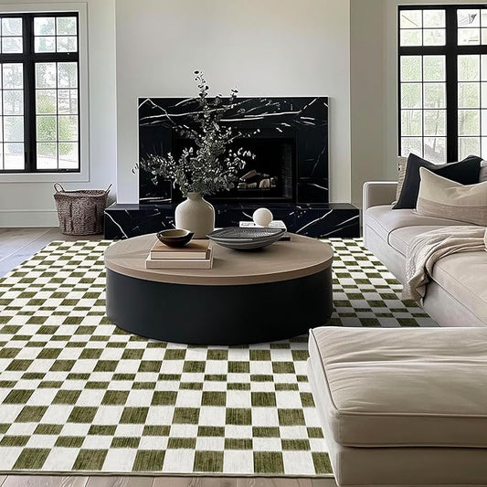EVERGRACE Checkered Plaid Area Rug 8x10, Soft Fuzzy Faux Wool Rugs Washable Christmas Rugs Large Rug Carpet for Entryway Bedroom Living Room Hallway Kitchen Dining Room and Laundry Room, Olive Green