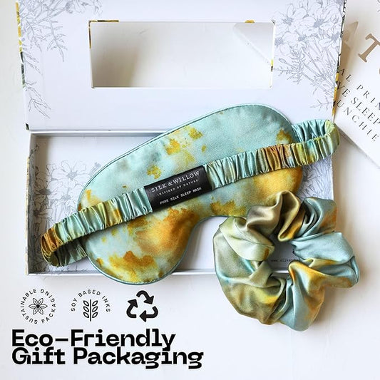 Silk & Willow 100% Pure Mulberry Silk Sleep Eye Mask & Hair Scrunchie Gift Set (Teal Marigold)