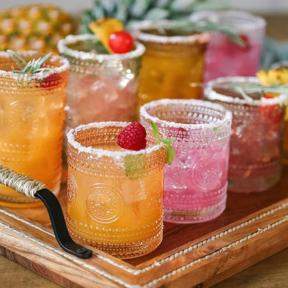 Kate Aspen Hobnail Beaded Floral Amber Drinking Glasses Set of 6, (10 oz) Vintage Glassware Set Cocktail Glass Set, Juice Glass, Water Cups | Great Hostess Gift & Gift for New Home Owners