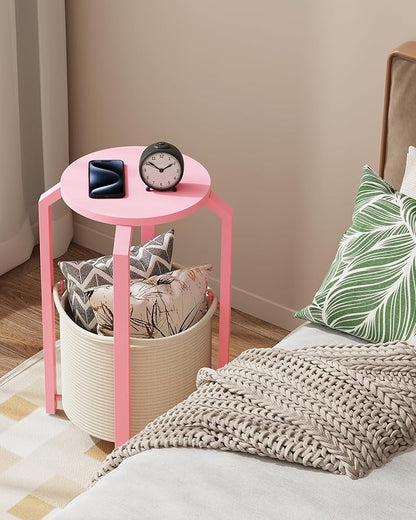 TUTOTAK Small Side Table, Round End Table, Night Stand, Bedside Table, Set of 2, Sofa Table with Storage Basket, Living Room, Bed Room, Pink TB01BP0922