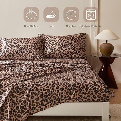 MR&HM Satin Bed Sheets with Elastic Corner Straps, Full Size Sheets Set, 4 Pcs Silky Bedding Set with 15 Inches Deep Pocket for Mattress (Full, Brown Leopard)