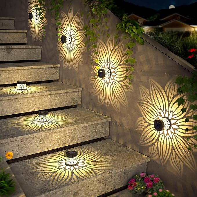 Solar Fence Lights 2 Pack Outdoor Deck Step Wall Lights Metal Waterproof LED Warm Yellow Light for Garden Post Patio Backyard Yard Decor (Flower, 2)