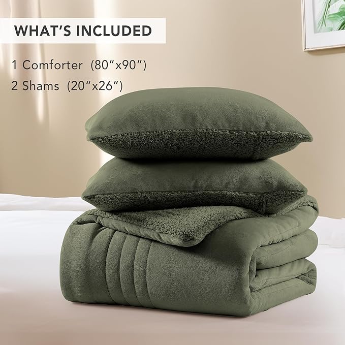 Monbix Fluffy Full Comforter Set Olive Green, Sherpa Plush Fuzzy Comforter 3 Piece for Full Size Bed, Luxury Soft Winter Warm Bedding Set