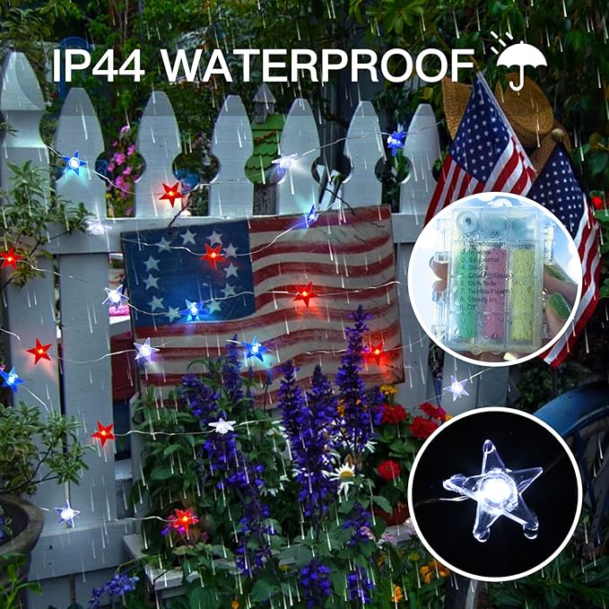 suddus 4th of July Decorations Red White and Blue String Lights Battery Operated 40 Led Star Fairy Lights for Independence Day Memorial Day