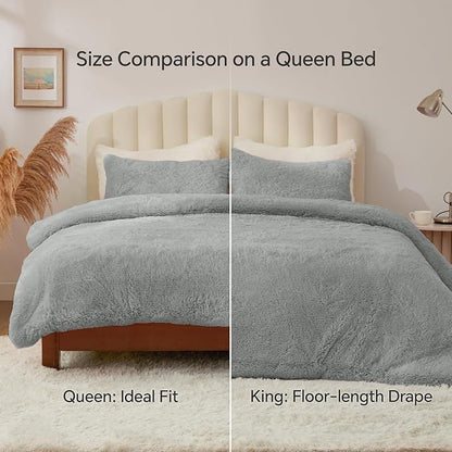 BEDELITE Grey Fluffy Comforter Set Queen Size, Fuzzy Faux Fur Comforter Bedding Set, 3Pieces Soft Warm Shaggy Bed Set (1 Comforter & 2 Pillowcases) as Gifts for Women