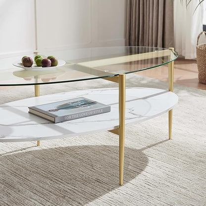 Oval Glass Coffee Table, Mid-Century Modern Design, L43 x W22 x H17 inch, Surfboard Shaped Clear Glass Top and White Marble Finish Wood Shelf, Tapered Legs with Gold Finish Frame