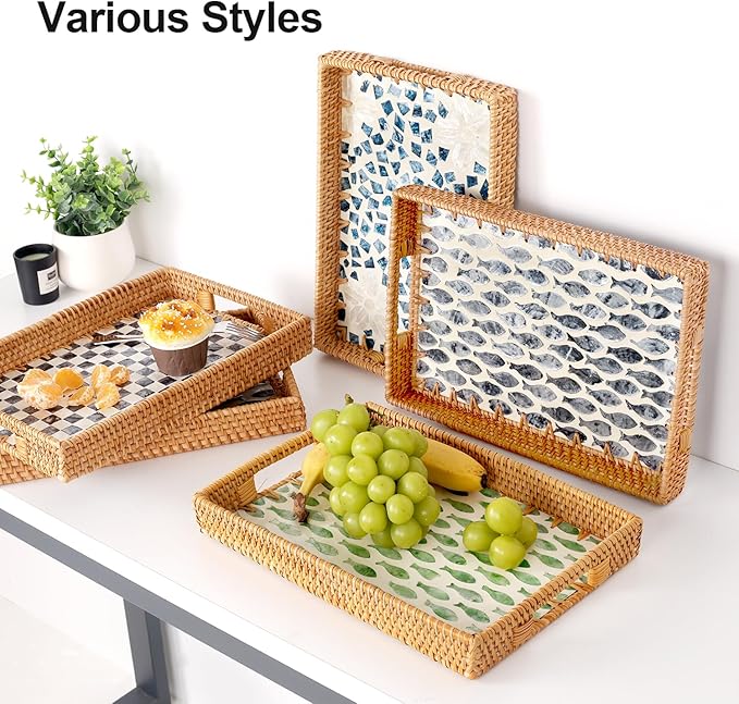 Rectangle Rattan Tray with Mother of Pearl Inlay, Rattan Serving Tray with Handle for Coffee, Bread, Fruits, Snacks, Decorative Wicker Tray for Table Decor (Rectangle Green Fish, 13"×9")