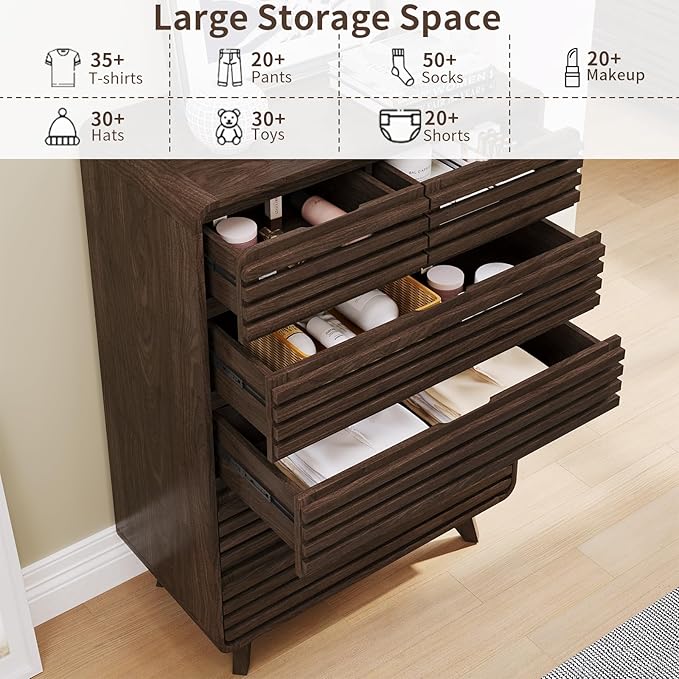 Walnut Dresser for Bedroom, Tall Dresser with 6 Drawers, Chests of Drawers with Grille & Curved Design, Fluted Dressers Slides Pre-Installed, Wood Large Drawer Organizer for Bedroom Hallway