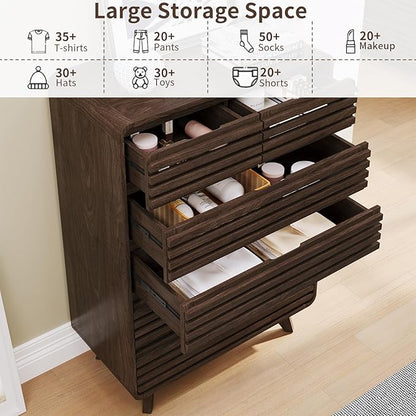 Walnut Dresser for Bedroom, Tall Dresser with 6 Drawers, Chests of Drawers with Grille & Curved Design, Fluted Dressers Slides Pre-Installed, Wood Large Drawer Organizer for Bedroom Hallway