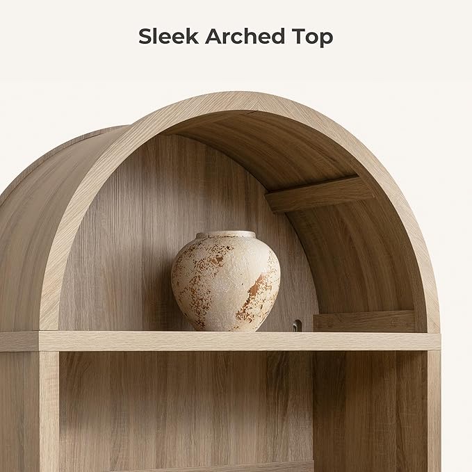 SICOTAS Book Shelf Arched Cabinet Bookshelf Arch 84.2" Tall Bookcase 5 Tier Large Bookshelves with Doors Storage Rattan Boho Wide Book Shelves Case for Living Room Kitchen Office Bedroom Library