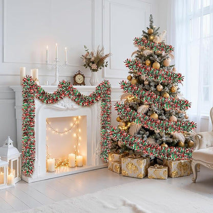 50FT Christmas Tinsel Garland, Red Green&Silver Metallic Twist Shiny Hanging Garland Ornaments for Christmas Tree, Party Supplies Thick Metallic Xmas Streamers