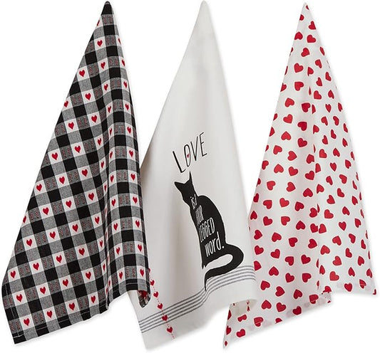 DII Valentine Dish Towels Set of 3 Cat Love Decorative Kitchen Towels 18x28