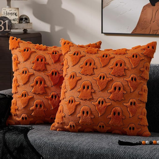 DFXSZ Halloween Pillow Covers 16x16 inch Set of 2 Orange White Ghost Throw Pillow Cases Soft Plush Faux Fur Wool Cushion Case for Chair Bedroom Living Room Home Decor PTK03K16