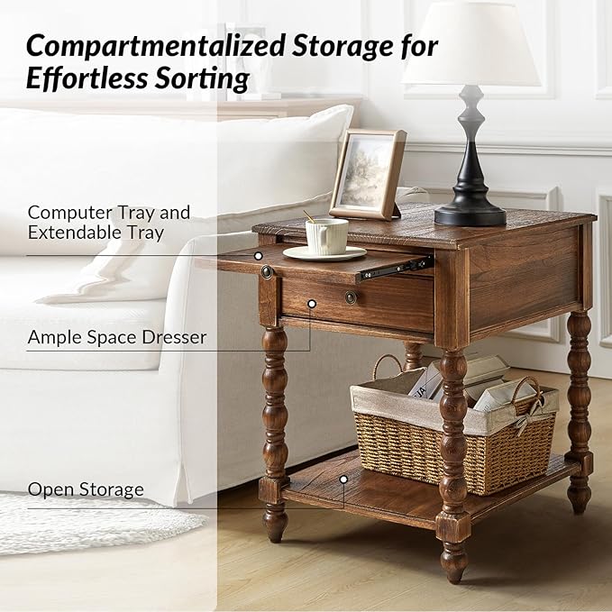 HULALA HOME Spindle Nightstands with Charging Station, Solid Wood Nightstand with Drawer Shelf, Side Table with Pull-Out Shelf (Walnut)