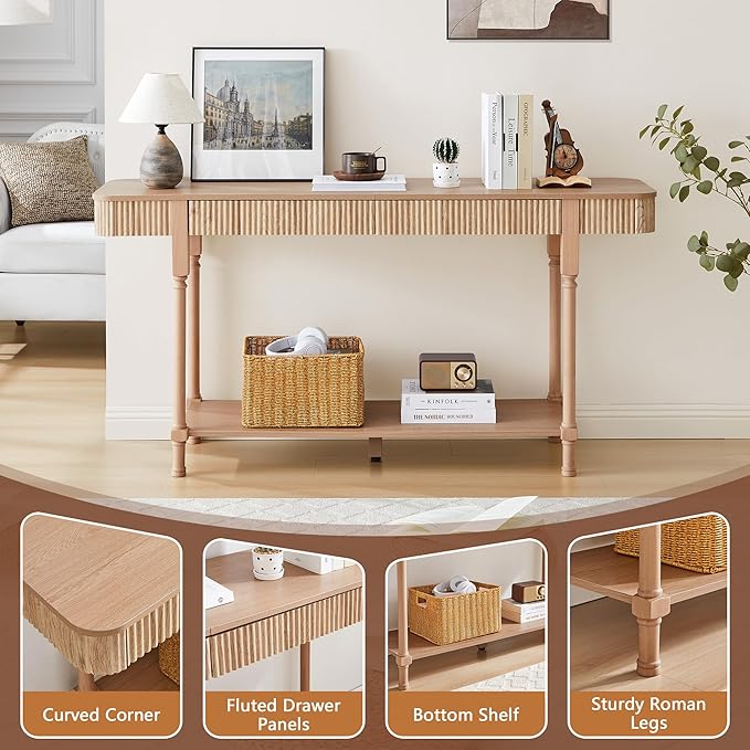 63'' Fluted Console Table with 2 Drawers, 2-Tier Long Entryway Tables with Open Storage, Wooden Narrow Sofa Table Behind Couch, Foyer Accent Table for Living Room, Hallway, Entrance (Natural)